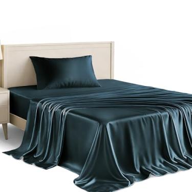 Imagem de Conjunto de lençóis de cetim solteiro Lux Decor de 3 peças – Tecido luxuoso sedoso macio 100% poliéster, lençol com elástico alto – Roupa de cama macia e respirável com fronhas (azul marinho)