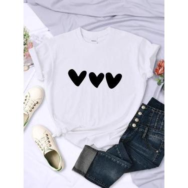 Imagem de Camisetas Femininas Pretas Com Estampa De Coração Manga Curta Casual R