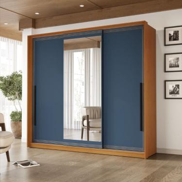 Imagem de Guarda Roupa Roupeiro 3 portas de correr 4 gavetas com Espelho Valência Freijó Azul Politorno Móveis