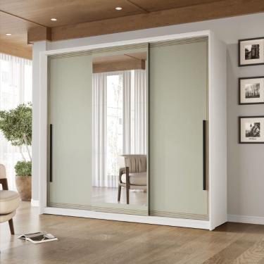 Imagem de Guarda Roupa Roupeiro 3 portas de correr 4 gavetas com Espelho Valência Branco Verde Politorno Móveis