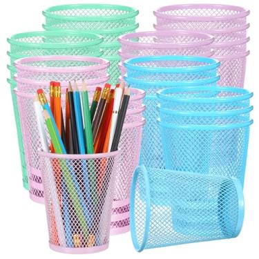 Imagem de 24 peças de porta-lápis de malha, porta-canetas de metal colorido, porta-canetas de metal, organizador de copos, pincéis de maquiagem, para mesa, casa, escola, escritório, 4 cores