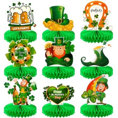 Imagem de Centros de mesa de favo de mel do Dia de São Patrício – Pacote com 9 | Peça central de duende para mesa do dia de São Patrício | Peça central de mesa em 3D de ferradura de São Patrício para decorações