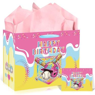Imagem de MOIZYNG Sacos de presente de aniversário gotejamento de beisebol com alças, papel de seda e cartão comemorativo, papel de embrulho de sorvete de beisebol para meninos meninas esportes lembrancinhas de