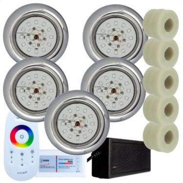 Imagem de Kit 5 Refletores Led 18w RGB Inox e Adaptadores Cano 50mm e Comando pa