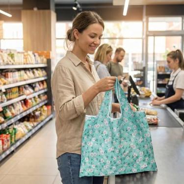 Imagem de Sacola de compras de mercearia reutilizável, bolsa de mão lavável dobrável, capacidade de peso de 15 kg, Verde - floral, One Size