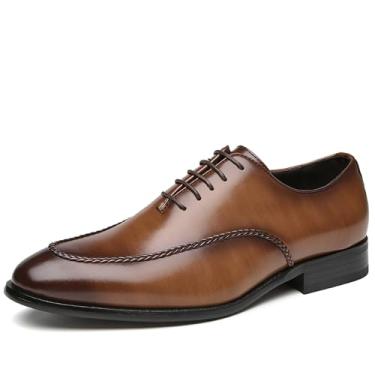 Imagem de Sapato social masculino clássico com cadarço Oxford moderno bico redondo PU couro sintético sapatos de trabalho para homens, Marrom, 38