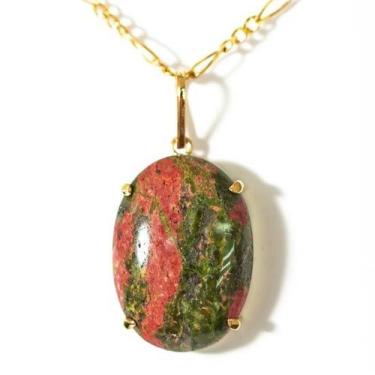 Imagem de Colar Unakita Cabochao Oval Pedra Natural Garra Dourado - CristaisdeCu
