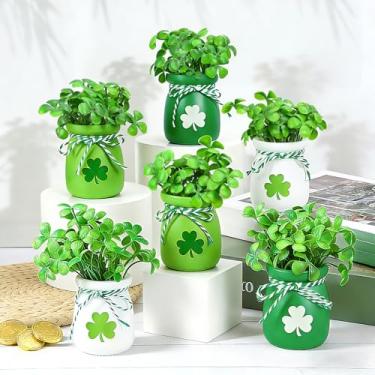 Imagem de JarThenaAMCS 6 minipotes de dia de São Patrício com 60 peças de mesa de centro de trevo verde artificial para decoração de casa de férias irlandesas, cozinha, mesa, lareira, cornija