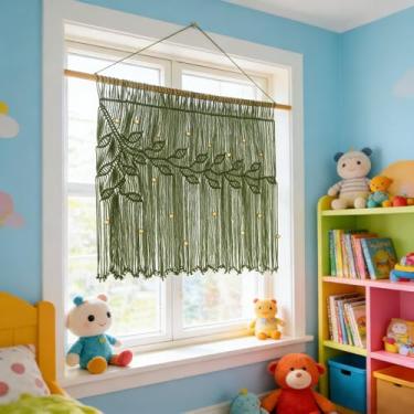 Imagem de Cortina de macramê com saia de 80 x 71 cm, cortinas boêmias, folhas verdes, franjas, macramê, contas de madeira, macramê, decoração de parede