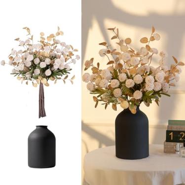 Imagem de BLOSMON Decoração de mesa de jantar: vaso de metal com 12 hastes de flores falsas kiku eucaliptos para casa - pompons artificiais bege arranjos florais artificiais em vaso para sala de estar
