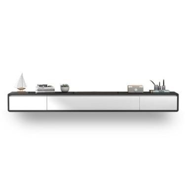 Imagem de KEG801302 Suporte de TV flutuante montado na parede, porta dobrável, centro de entretenimento flutuante de madeira com 2 gavetas, móveis de sala de estar de estilo moderno, armário de TV de madeira de