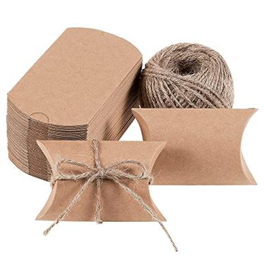 Imagem de MATICAN Caixas de travesseiro – Pacote com 50 caixas de presente com barbante – Mini caixas de lembrancinhas Kraft (8,5 x 6,5 x 2,5 x 2,5 cm)