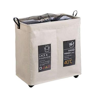 Imagem de Cesto de Roupa Suja Rolling Slim com 2 Compartimentos Rodas Universais Alça Plegável Têxtil Oxford Malha Cordão Abertura Organizador 4 Varetas Suporte 6 Cartões Classificação