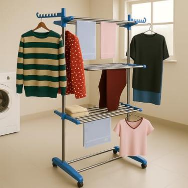 Imagem de Varal de Chão Dobrável, 3 Andares, Aço Inox, Azul, Com Rodas, Retrátil e Compacto, Para Roupas e Lavanderia
