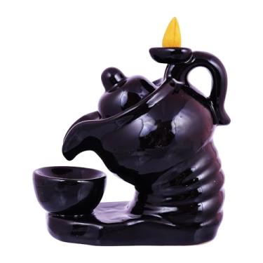 Imagem de Queimador de incenso com refluxo de bule de chá de cerâmica preta | 12 cm de altura | elegante fonte de fumaça para cones | relaxamento, meditação e decoração de casa