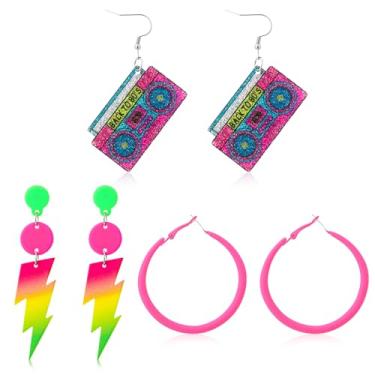 Imagem de Fingertip WD 3 pares de brincos de néon dos anos 80 e 90 para mulheres, acessórios de festa, joias neon para fantasias de Halloween, One Size, Acrílico, Sem pedra preciosa