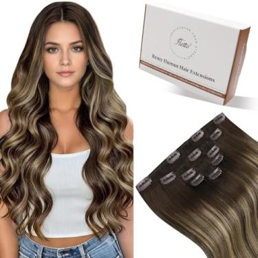 Imagem de Hetto Extensões de cabelo humano real balayage marrom misto loiro clipe em extensões de cabelo humano 105 + 20 g 7 peças #4/27/4 marrom escuro a loiro caramelo 55 cm
