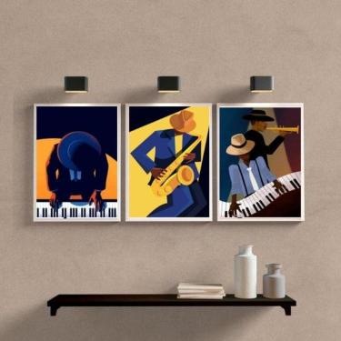 Imagem de Kit 3 Quadros Mus. Piano e Saxofone 45x34cm - Madeira Branca