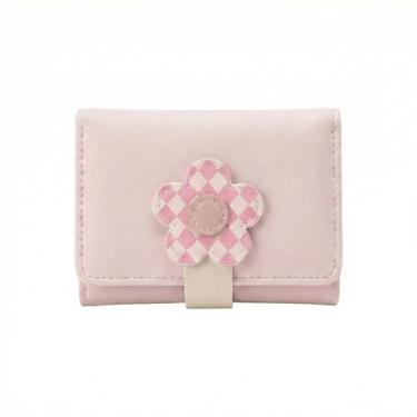 Imagem de Carteira Feminina Pequena Compacta Porta Cartões e Notas Design Flor Xadrez Couro PU Macio Mini Tons Pastel (Rosa)