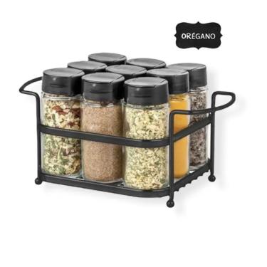Imagem de Porta Tempero Condimento 9 Potes Vidro Tampa Dosadora Suporte Preto Organização Cozinha