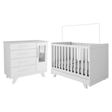 Imagem de Jogo De Quarto Infantil Retrô Janelas Cômoda E Berço Branco Brilho - Móveis Peroba