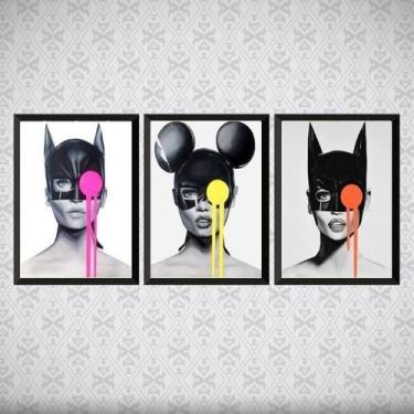 Imagem de Kit 3 Quadros Pop Art Mulher Gato 24X18Cm - Com Vidro - Quadros On-Lin
