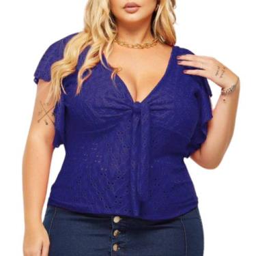 Imagem de Blusa Plus Size Feminina Gola V Amarração Manga Laise Renda de Malha -