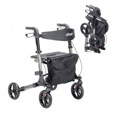 Imagem de Andador Dobrável Compacto Drive Medical Cinza 4 Rodas 20 cm Assento Freios Alumínio 136 kg Capacidade