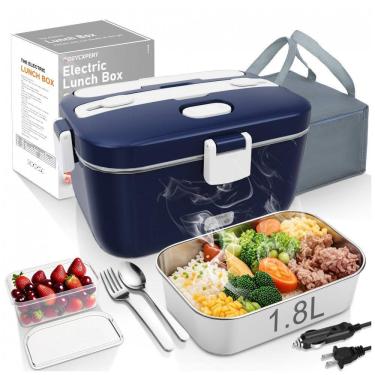 Imagem de Marmita Elétrica Portátil 1,8L com Acessórios e 2 Fontes de Alimentação 12V ou 110V, 80W, COZYEXPERT, Azul Royal e Branco