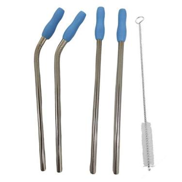 Imagem de Canudo Aço Inox Reutilizavel Kit 4 Peças MilkShake Vitamina Reto Curvo