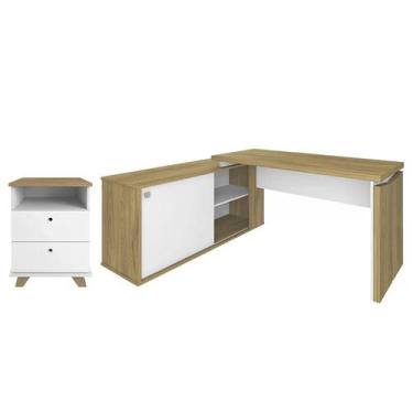 Imagem de Mesa Escrivaninha em L Sharp e Gaveteiro 2 Gavetas May A06 Olmo/Branco