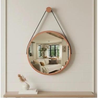 Imagem de Espelho Redondo Decorativo Suspenso Com Alça 50cm + Suporte Cobre Alça