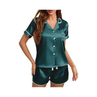 Imagem de Conjunto De Pijamas De Seda Satinada Femininos 2 Peças Com Botões, Rou