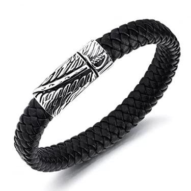 Imagem de suhang Pulseira De Couro Com Corrente De Aço Inoxidável Masculina Pulseiras Pretas Tranças Masculinas Jóias