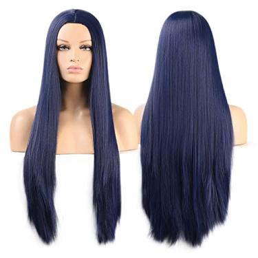 Imagem de Perucas femininas sintéticas afro crespo cor laranja ondulado natural peruca longa para mulheres negras e brancas cabelo de fibra de alta temperatura Perucas de cabelo humano (cor: azul escuro, comprimento esticado: 55,88 cm)