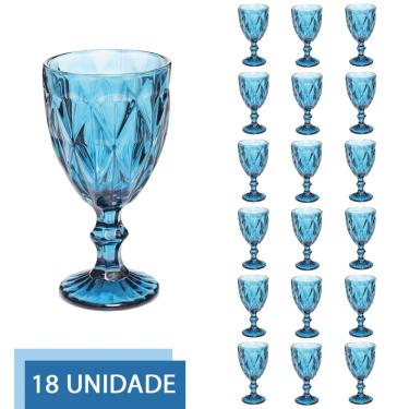 Imagem de Conjunto 18 Copos Azul Taças Diamante Para Agua Vinho 300ml