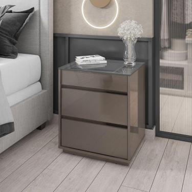 Imagem de Mesa de Cabeceira 3 Gavetas com Organizador Tampo Vidro Belize Casa D Cinza Perola/Noce