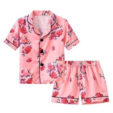 Imagem de Conjunto de pijama curto de cetim para meninos e meninas clássico de seda infantil 2 peças de roupa de dormir com botão de manga curta, Vermelho, 12-24 meses