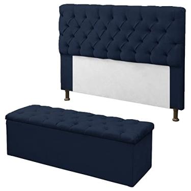 Imagem de Kit Cabeceira + Calçadeira Baú Mirage Casal 140cm Suede Azul Marinho - DL Decor