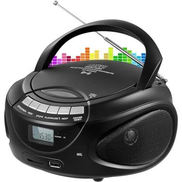 Imagem de Portátil CD Player Boombox  Rádio AM FM  Alto-falante Bluetooth  Suporte CD USB  SD  BT  AUX  fone