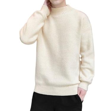 Imagem de Suéter masculino de inverno de cor sólida meia gola alta manga longa quente camisa base casual suéter de malha, Bege, G