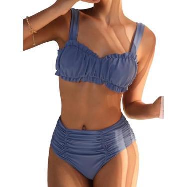 Imagem de SweatyRocks Conjunto de biquíni feminino com acabamento de babados e cintura alta franzida, Azul empoeirado, G