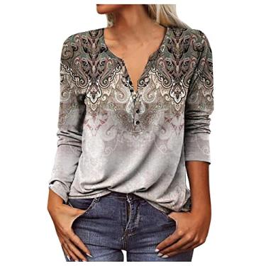 Imagem de Tops para mulheres moda outono boho étnica estampa floral camisa gola V meio botão casual tops moletons camisetas, Caqui, XXG