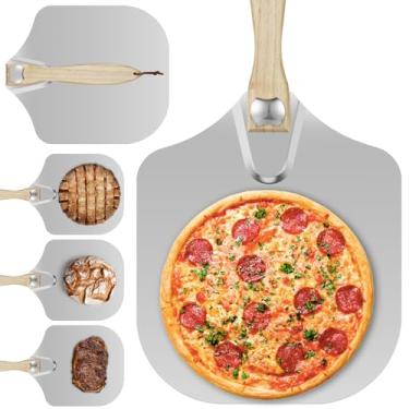Imagem de Casca de pizza de metal de alumínio, espátula retangular de pizza com de madeira dobrável de 35,5 x 30,5 cm, multifuncional, descascada, antiaderente, pá de pizza para forno, assar pão de pizza
