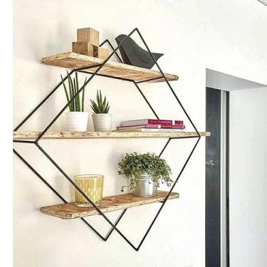Imagem de Prateleira de Parede Rustica Diamante de Ferro e Madeira Pinus Para banheiro cozinha sala Design Decoração 57x66x16cm
