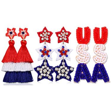 Imagem de Brincos de 4 de julho, brincos patrióticos com contas com bandeira americana para mulheres, brincos com pingente de coração com estrela e letra dos EUA, acessórios para o Dia da Independência Americana, 4 de julho, Zinco Zinco Miçangas, Strass