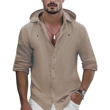 Imagem de OYOZONE Camisas masculinas de linho casuais com botões de manga comprida e manga enrolada, camisetas de praia de verão com capuz, Caqui, M