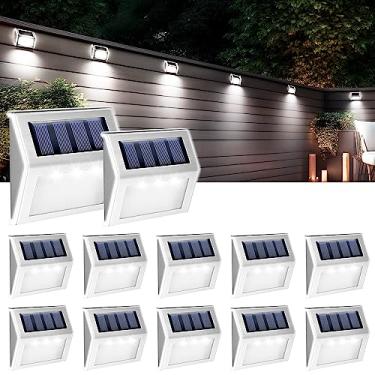 Imagem de GIGALUMI Pacote com 12 luzes solares para ambientes externos, à prova d'água, luzes de LED de aço inoxidável, alimentadas por energia solar, para degrau, escadas, caminho, jardim (branco frio)