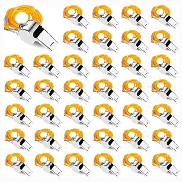 Imagem de Wrzbest Apitos de 50 peças - apito de treinador de aço inoxidável com cordão para futebol, árbitros e emergências - Apito mais alto para treinamento e segurança - Apitos em massa - Design compacto e
