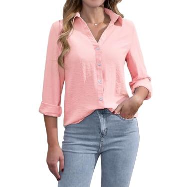 Imagem de siliteelon Camisas femininas de botão, manga comprida, gola V, gola V, blusas para trabalho de escritório, camisas casuais elegantes de chiffon, rosa, PP
